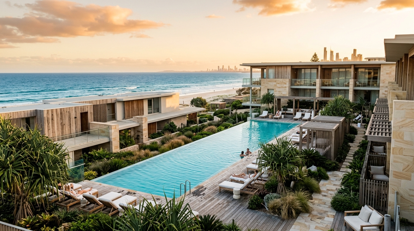 Contemporary AusStayGuide hotel architecture beside a pool