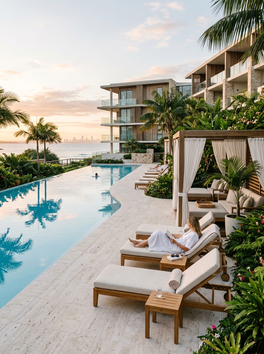 Quiet poolside area at AusStayGuide